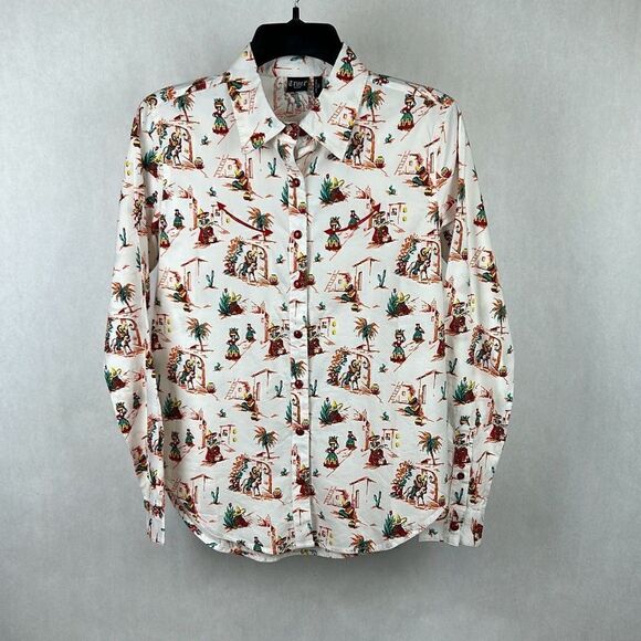 Cruel Denim Snap Button Up Shirt Latin City Print White Sz XS CTW7295007 - Picture 1 of 6